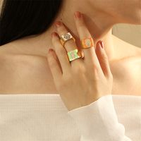 Copper 18K Gold Plated IG Style Vacation Beach Enamel Inlay Palm Square Hand Of Fatima Zircon Open Rings main image 4