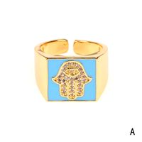 Copper 18K Gold Plated IG Style Vacation Beach Enamel Inlay Palm Square Hand Of Fatima Zircon Open Rings main image 7