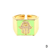 Copper 18K Gold Plated IG Style Vacation Beach Enamel Inlay Palm Square Hand Of Fatima Zircon Open Rings sku image 4