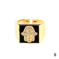 Copper 18K Gold Plated IG Style Vacation Beach Enamel Inlay Palm Square Hand Of Fatima Zircon Open Rings sku image 2