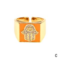 Copper 18K Gold Plated IG Style Vacation Beach Enamel Inlay Palm Square Hand Of Fatima Zircon Open Rings sku image 3