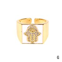 Copper 18K Gold Plated IG Style Vacation Beach Enamel Inlay Palm Square Hand Of Fatima Zircon Open Rings sku image 7