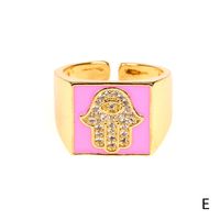 Copper 18K Gold Plated IG Style Vacation Beach Enamel Inlay Palm Square Hand Of Fatima Zircon Open Rings sku image 5