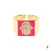 Copper 18K Gold Plated IG Style Vacation Beach Enamel Inlay Palm Square Hand Of Fatima Zircon Open Rings sku image 6
