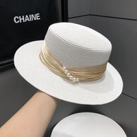 Women's Simple Style Solid Color Pearl Straps Flat Eaves Fedora Hat sku image 9