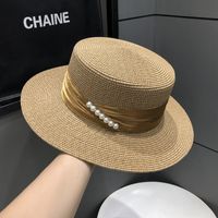 Women's Simple Style Solid Color Pearl Straps Flat Eaves Fedora Hat sku image 8