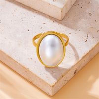 Titanium Steel 18K Gold Plated Vintage Style Plating Inlay Solid Color Pearl Rings main image 4