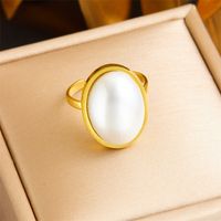 Titanium Steel 18K Gold Plated Vintage Style Plating Inlay Solid Color Pearl Rings sku image 1