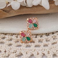 1 Pair IG Style Lady Classic Style Four Leaf Clover Inlay Brass Zircon Ear Studs main image 7