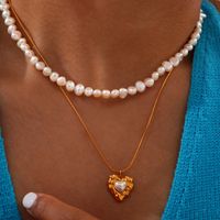 Freshwater Pearl Titanium Steel 18K Gold Plated IG Style Casual Commute Beaded Plating Inlay Oval Heart Shape Artificial Pearls Pendant Necklace main image 7