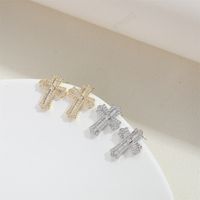 1 Pair Vintage Style Cross Inlay Copper Zircon 14K Gold Plated Ear Studs main image 4