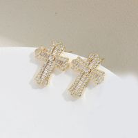 1 Pair Vintage Style Cross Inlay Copper Zircon 14K Gold Plated Ear Studs sku image 5