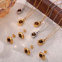 Titanium Steel 18K Gold Plated Casual Retro British Style Inlay Oval Tiger Eye Earrings Necklace main image 5