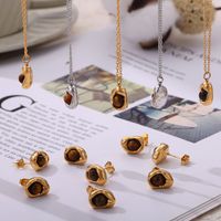 Titanium Steel 18K Gold Plated Casual Retro British Style Inlay Oval Tiger Eye Earrings Necklace main image 4