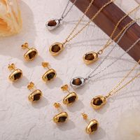 Titanium Steel 18K Gold Plated Casual Retro British Style Inlay Oval Tiger Eye Earrings Necklace main image 11