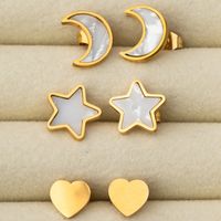 1 Set 3 Pairs Casual Simple Style Moon Flower Butterfly Plating Inlay 304 Stainless Steel Rhinestones Shell 18K Gold Plated Ear Studs main image 5
