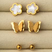 1 Set 3 Pairs Casual Simple Style Moon Flower Butterfly Plating Inlay 304 Stainless Steel Rhinestones Shell 18K Gold Plated Ear Studs main image 6
