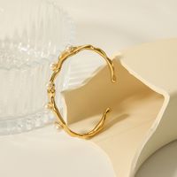Stainless Steel 18K Gold Plated IG Style Geometric Inlay Artificial Pearls Bangle main image 2