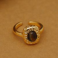Wholesale IG Style Baroque Style Oval Copper Laser Inlay 18K Gold Plated Tiger Eye Open Rings main image 7