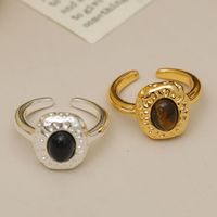 Wholesale IG Style Baroque Style Oval Copper Laser Inlay 18K Gold Plated Tiger Eye Open Rings main image 4