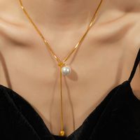 Elegant French Style Simple Style Round Artificial Pearl Titanium Steel Asymmetrical 18K Gold Plated Women's Pendant Necklace Long Necklace sku image 1