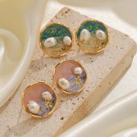 1 Pair IG Style Beach Round Enamel Inlay Copper Freshwater Pearl 18K Gold Plated Silver Plated Ear Studs main image 3
