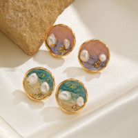 1 Pair IG Style Beach Round Enamel Inlay Copper Freshwater Pearl 18K Gold Plated Silver Plated Ear Studs main image 1