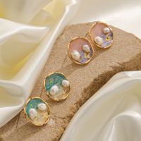 1 Pair IG Style Beach Round Enamel Inlay Copper Freshwater Pearl 18K Gold Plated Silver Plated Ear Studs main image 4
