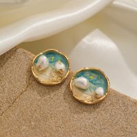 1 Pair IG Style Beach Round Enamel Inlay Copper Freshwater Pearl 18K Gold Plated Silver Plated Ear Studs main image 6