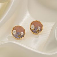 1 Pair IG Style Beach Round Enamel Inlay Copper Freshwater Pearl 18K Gold Plated Silver Plated Ear Studs main image 5