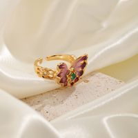 Wholesale Vacation Butterfly Copper Enamel Inlay 18K Gold Plated Zircon Open Rings main image 5
