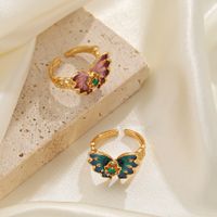 Wholesale Vacation Butterfly Copper Enamel Inlay 18K Gold Plated Zircon Open Rings main image 3