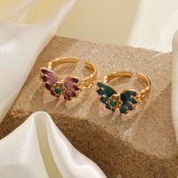 Wholesale Vacation Butterfly Copper Enamel Inlay 18K Gold Plated Zircon Open Rings main image 4