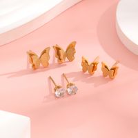 1 Set 3 Pairs Casual Simple Style Heart Shape Roman Numeral Butterfly Plating Inlay 304 Stainless Steel Rhinestones Shell 18K Gold Plated Ear Studs main image 3