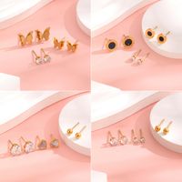 1 Set 3 Pairs Casual Simple Style Heart Shape Roman Numeral Butterfly Plating Inlay 304 Stainless Steel Rhinestones Shell 18K Gold Plated Ear Studs main image 1