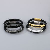 Business Formal Geometric 304 Stainless Steel Leather Braid 18K Gold Plated Men's Bangle main image 3