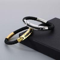 Business Formal Geometric 304 Stainless Steel Leather Braid 18K Gold Plated Men's Bangle main image 5