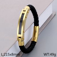 Business Formal Geometric 304 Stainless Steel Leather Braid 18K Gold Plated Men's Bangle sku image 3