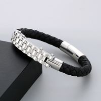 Business Formal Geometric 304 Stainless Steel Leather Braid 18K Gold Plated Men's Bangle main image 6