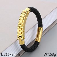Business Formal Geometric 304 Stainless Steel Leather Braid 18K Gold Plated Men's Bangle sku image 3