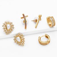 1 Pair Casual Simple Style Cross Water Droplets Heart Shape Inlay Copper Pearl Zircon 18K Gold Plated Ear Studs main image 3
