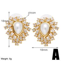 1 Pair Casual Simple Style Cross Water Droplets Heart Shape Inlay Copper Pearl Zircon 18K Gold Plated Ear Studs sku image 1