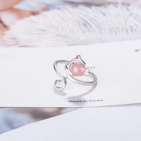 Wholesale Cute Cat Copper Inlay White Gold Plated Strawberry Quartz Open Rings sku image 1