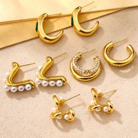 1 Paar Elegant Dame Moderner Stil Runden Inlay Edelstahl 304 Künstliche Perlen Zirkon 18 Karat Vergoldet Reif Ohrringe main image 7