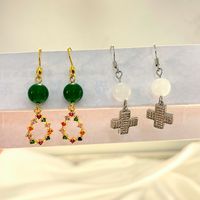 1 Set IG Style Elegant Cross Water Droplets Beaded Inlay Copper Artificial Gemstones Zircon Silver Plated Drop Earrings sku image 2