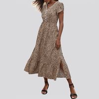 Frau Normales Kleid Elegant V-Ausschnitt Drucken Spitze Kurzarm Leopard Midi-Kleid Täglich Strand main image 4