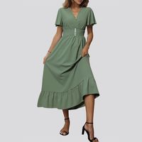 Frau Normales Kleid Einfacher Stil V-Ausschnitt Kurzarm Einfarbig Midi-Kleid Täglich main image 3