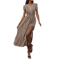 Frau Normales Kleid Elegant V-Ausschnitt Drucken Spitze Kurzarm Leopard Midi-Kleid Täglich Strand main image 3
