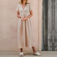 Frau Normales Kleid Einfacher Stil V-Ausschnitt Taste Kurzarm Einfarbig Midi-Kleid Ferien Strand main image 1