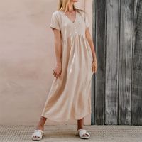 Frau Normales Kleid Einfacher Stil V-Ausschnitt Taste Kurzarm Einfarbig Midi-Kleid Ferien Strand main image 3